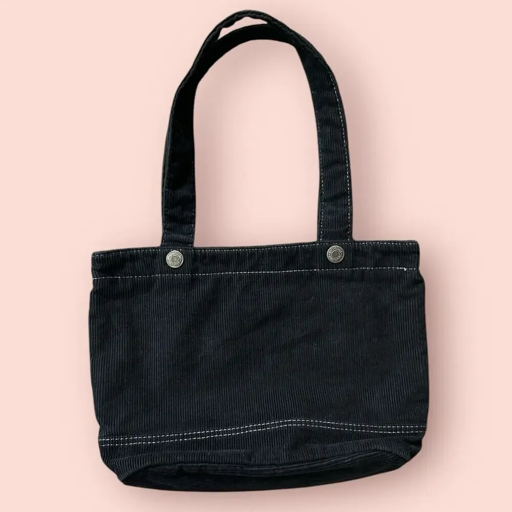 Vtg Tote Bag Y2k Black Corduroy Front Pocket Top Handle Shoulder Purse
